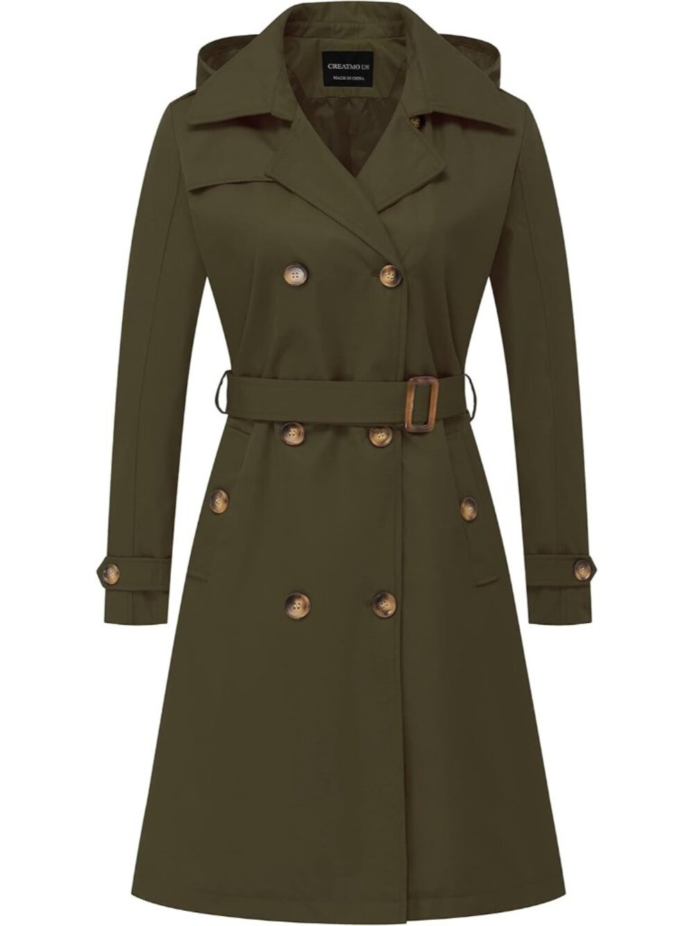 Women Army Green Lapel Collar Cuff Sleeve Overcoat Belted Outerwear Trench Coat